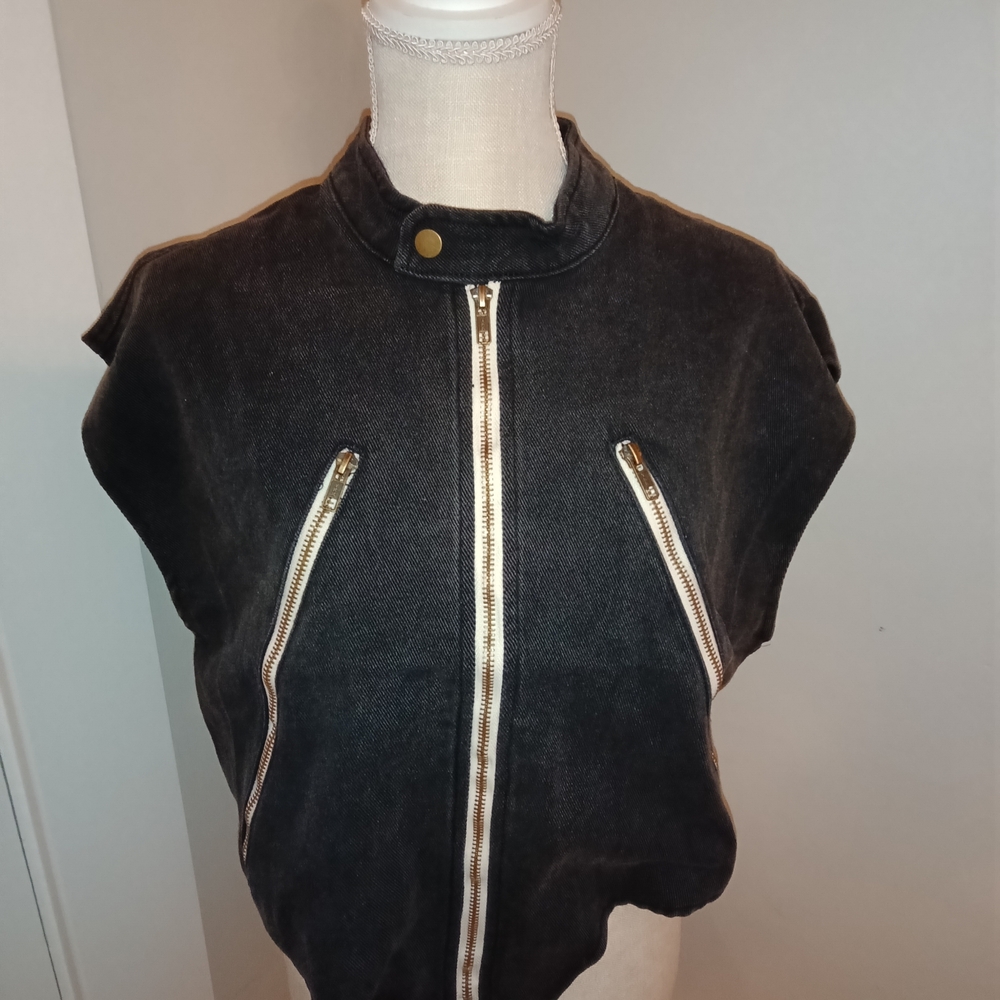 NWOT POL Black Acid Wash Denim Corset Vest with Gold Zipper Accents